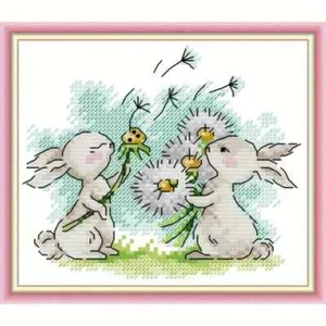 Rabbits Playing Dandelion Cross Stitch Kit 18 x 16cm 14Ct 2 Strands - Picture 1 of 3