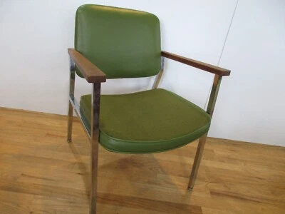 Mid Century Industrial Chrome & Green Vinyl Wood Arms Dining Office Chair - Image 1 of 4