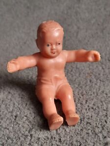 Vintage 2 1/8" Sitting Rubber Baby Doll Painted Eyes & Lips Open Arms Diaper