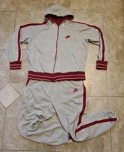 VTG 80s Nike Track Suit Men's L Grey & Burgundy Zip Hoodie Sweatshirt & Pants - Picture 1 of 24