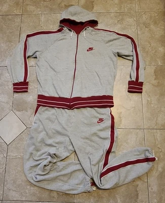 VTG 80s Nike Track Suit Men's L Grey & Burgundy Zip Hoodie Sweatshirt & Pants - Image 1 of 4