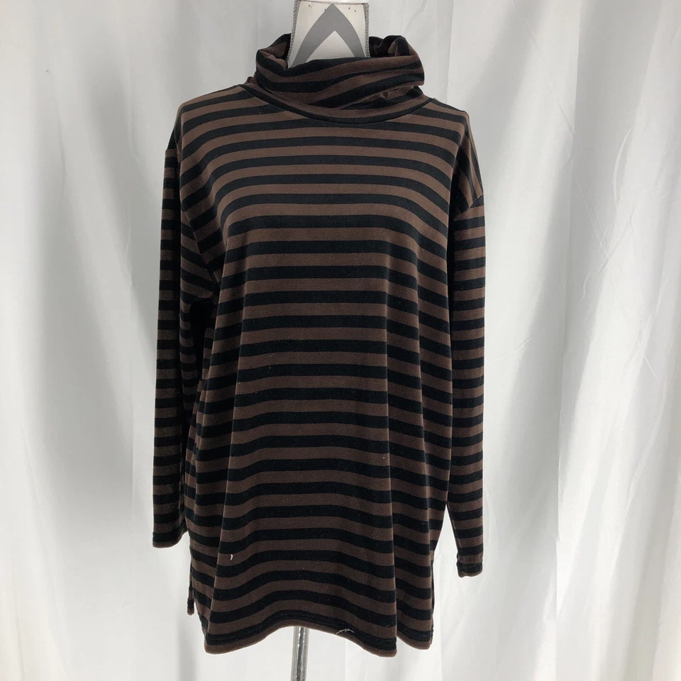 Blusa feminina vintage Sag Harbor gola alta grande veludo marrom listrada preta - Imagem 1 de 4