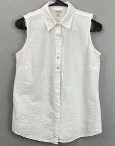 LL Bean Women Waffle Shirt XS White Button Up Collared Sleeveless Top Cotton VTG - Picture 1 of 10