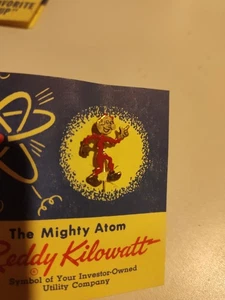 VTG 1955 PIN BACK 'The MIGHTY ATOM' Reddy Kilowatt CARD/Pin/Red-Enamel Brass~ - Picture 1 of 3