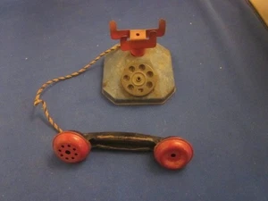 VINTAGE TIN TOY ROTARY TELEPHONE BLACK WITH CORD - Picture 1 of 7