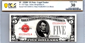 $5 1928-B Legal Tender "RED SEAL" PCGS 30 Very Fine Fr. 1527 - Picture 1 of 3