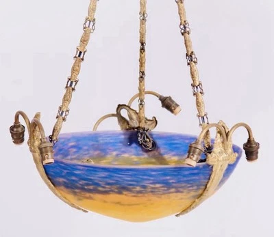 Art Glass Muller Freres Chandelier 3 Bronze Mounts Art Nouveau Antique 6 Lights - Image 1 of 4