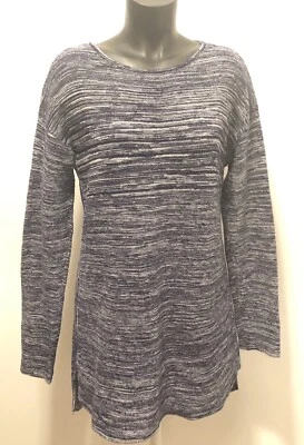 ELLEN TRACY 中号牛仔蓝色和象牙色长款束腰针织毛衣上衣棉混纺 — 第 1/4 张图片