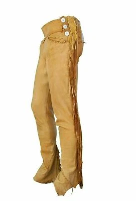 Genuine Buckskin Leather Pant Fringes with Button Native American Mountain Man - Image 1 of 2