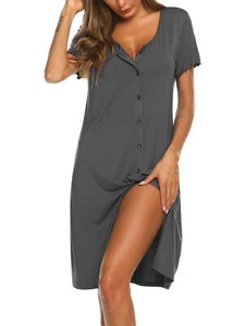 Nachthemd Damen Sommer Schlafshirt Kurzarm Sleepshirt Kurz Nachtwäsche Knopfl... - Bild 1 von 7