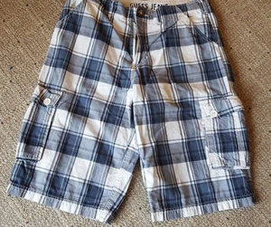 Guess Jeans Men's Junior Blue and White Plaid Cargo Shorts size 16 - Picture 1 of 4