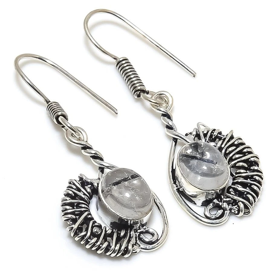 Black Rutile Gemstone Silver Plated Wire Wrap Dangle Earrings Jewelry 2" - Image 1 of 1