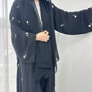 Muslim Dubai Flower Embroidery Open Kimono Abaya Kaftan Women Dress Arab Robe - Picture 1 of 31