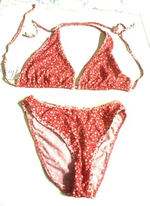 Fresh Peaches Red & White Mini Floral Print Halter Scoop Bikini XL Top M/L Botts - Picture 1 of 3