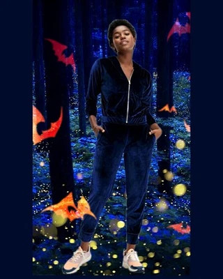 Fabletics ◇ Chándal, Sudadera con Capucha y Jogger de Terciopelo Azul ◇ Conjunto de 2 ◇ Talla Grande  Foto 1 de 4