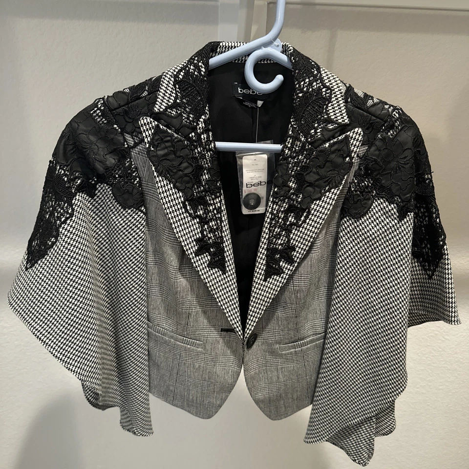 Bebe Drita Houndstooth кружева Blazer размер 00 черный и серый новый с Ярлыками $229 розничной - Изображение 1 из 4