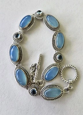 Vintage 925 Sterling Silver Blue Chalcedony Oval Gemstone Bracelet  - Image 1 of 4