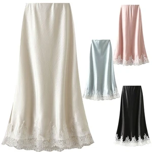 Midi Silk Skirt Elegant Satin High Waiste Floral Lace Cocktail A Line Long Women - Picture 1 of 61