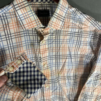 Neiman Marcus 纽扣正装衬衫格子翻盖袖口 XL 码 — 第 1/4 张图片