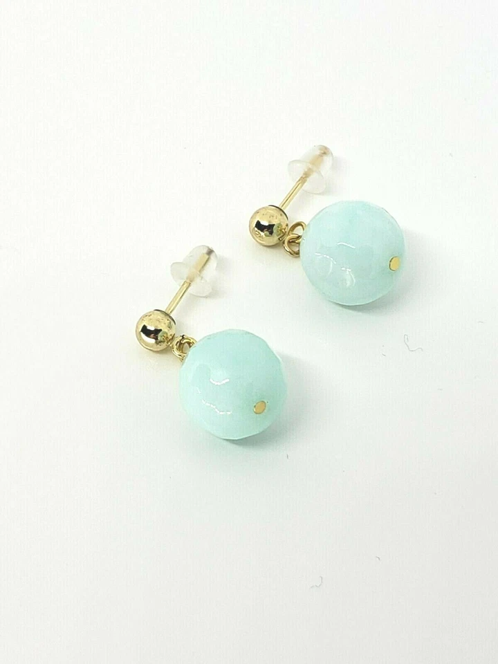 Pendientes colgantes colgantes de oro amarillo de 14k aguamarina lechosa con poste de bola de jade Foto 1 de 1