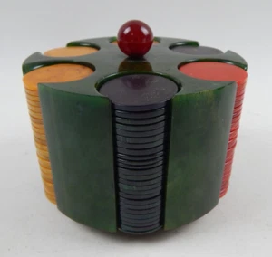 Green Catalin Bakelite Poker Chip Caddy Holder w/ Swivel Base & Chips 1460g RARE - Picture 1 of 10
