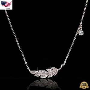 Delicate Clavicle Chain 925 Silver Feather Leaf Zircon Pendant Necklace Women - Picture 1 of 5