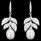 100% Natural 11x9mm Freshwater Pearl & Whte Cz Leaf Design Silver 925 Earring