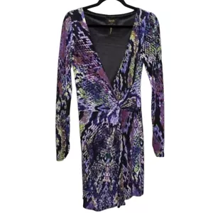 Laundry by Shelli Segal long sleeve low V neck faux wrap purple dress 6 - Picture 1 of 10