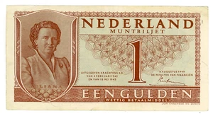 Netherlands … P-72 … 1 Gulden … 1949 …  Choice *VF-XF+* … Prefix: 4 RY😀 - Picture 1 of 2