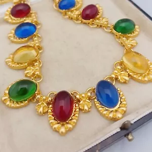 Vintage 1980s Gripoix Style Brushed Gold Collar Necklace Multi Colour Glass Cab - Picture 1 of 3