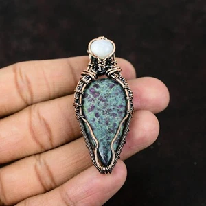Gift For Her Ruby In Blue Kyanite Wire Wrapped Pendant Copper Jewelry 2.6" - Picture 1 of 7