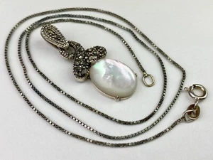 STERLING SILVER Necklace 925 R China Oval Moonstone Marcasite 8g - Picture 1 of 5