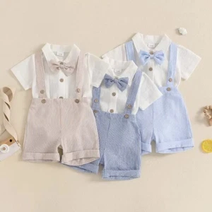 Baby Boy Gentleman Outfit Romper + Shorts Bowtie Set - Picture 1 of 7
