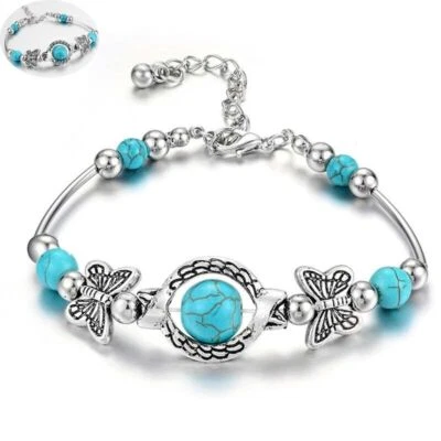 Brazalete Brazalete Joyería Turquesa Boho Verde Plata 925 Mujer Regalo Tibetano Foto 1 de 4