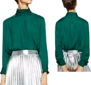 Zara Blouse Womens Small Emerald Green Satin Long Sleeve Mock Neck Ruffle Silky - Picture 1 of 13