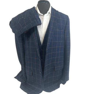 Steven Land Suit 3 Piece 44L 36x30 Blue Henry Windowpane Plaid Dressy - Image 1 of 4
