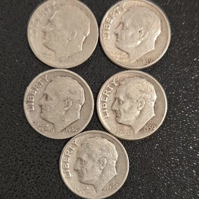 5 SILVER Roosevelt Dimes ($.50 Face Value) various dates  90% silver lot 44 - Image 1 of 2