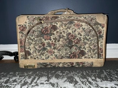 Vintage French Luggage Co. Dusty Rose Floral Tapestry Suede Pullman Carry On Bag - Image 1 of 4