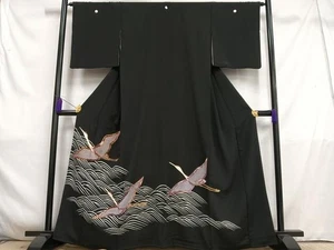 Kimono Japonés Negro Tomesodo Pieza Bordado Grúa Voladora Onda Pura Seda - Imagen 1 de 6