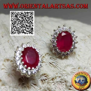 Orecchini Argento 925‰ rubino sintetico ovale contornato da zirconi bianchi - Foto 1 di 5