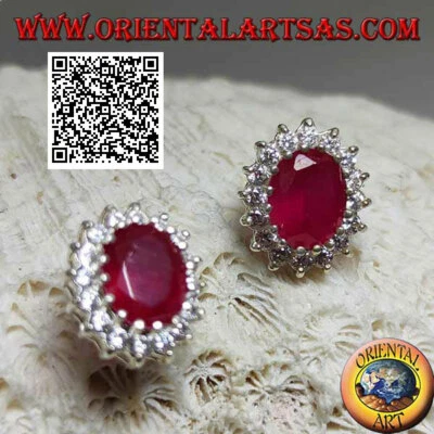 Orecchini Argento 925‰ rubino sintetico ovale contornato da zirconi bianchi - Immagine 1 di 4