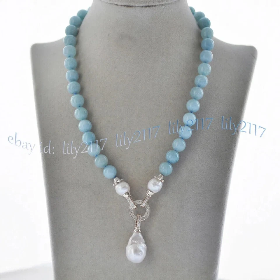 Natural Blue Aquamarine Gems Beaded White Keshi Baroque Pearl Pendant Necklace - Image 1 of 3