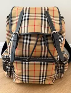 Vintage BURBERRY Check Canvas Backpack Brown Beige Nylon Antique Yellow LG - Picture 1 of 17