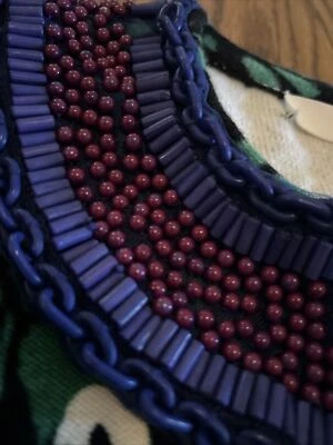 Tracy Reese Cardigan Sweater Beaded Bib Blue Green Purple Flowers Anthropologie - Image 1 of 4