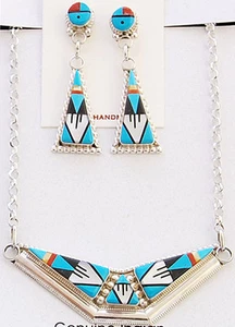 Zuni Handmade Sterling Silver with Multi-Stone Inlay Necklace and Earrings - Bild 1 von 1