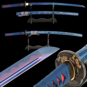 Blue & Purple Blade Japanese Samurai Katana Sword Full Tang High Carbon Steel