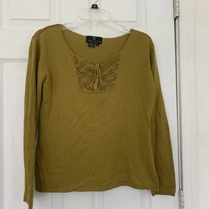 Vtg Sweater Top Womens Large Mustard 100% Silk Cashmere Luxury Blend Soft Olive - Picture 1 of 6