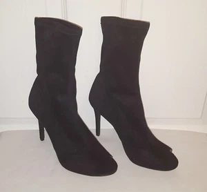 Badgley Mischka Mark & James Black Suede Stiletto Heel Peep Toe Sock Booties 7 M - Picture 1 of 2