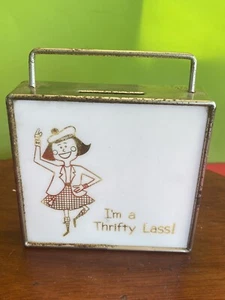 I'm a Thrifty Lass! Vintage Metal Coin Savings Bank Mid  1950s  Nice Condition - Picture 1 of 11
