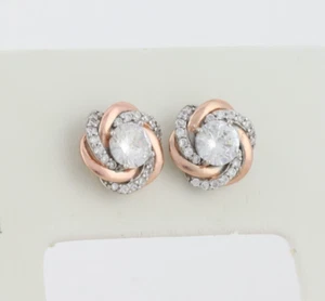Sterling Silver and Rose Gold Cubic Zirconia Swirl Earrings Stud Post 1/2" - Picture 1 of 8
